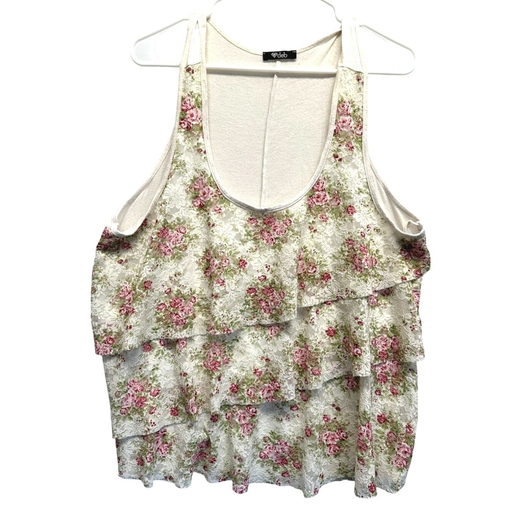 Deb Floral Lace Tiered Ruffle Tank Top Ivory Pink Rose Sleeveless 1X USA Made